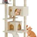 DUMOS 54-inch Indoor Cat Tree Tower Multi-Level Pet House for Large Cats with 2 Condos, Scratching Posts, Round Platform, Small Ladder, and Toys, Beige