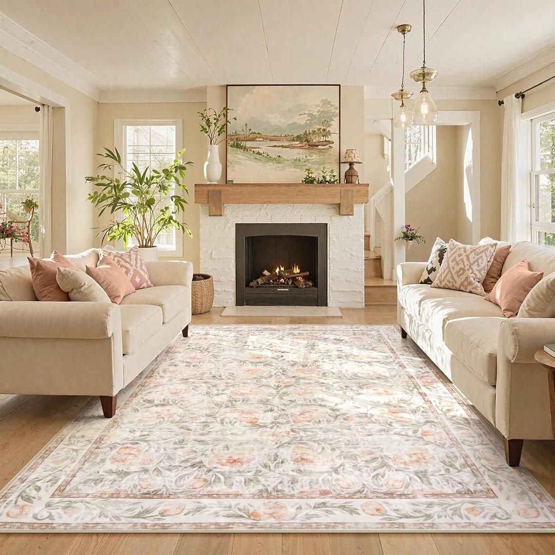 Collive 8x10 Washable Area Rugs for Living Room, Pink Floral Large Rug, Soft Low Pile Stain Resistant Carpet, Rugs for Bedroom Girls Dining Room Kids Playroom Nursery Collive 8x10 Washable Area Rugs for Living Room, Pink Floral Large Rug, Soft Low Pile Stain Resistant Carpet, Rugs for Bedroom Girls Dining Room Kids Playroom Nursery