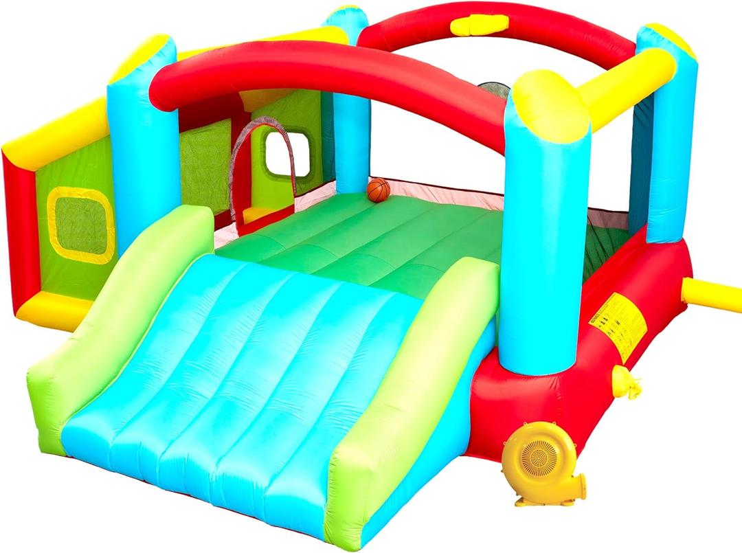 Bounce House, Inflatable Bouncer with Air Blower, Kids Slide Jumping Castle with Slide, Ball Pit and Dart Target Game, 143x137x68 Inch Bounce House, Inflatable Bouncer with Air Blower, Kids Slide Jumping Castle with Slide, Ball Pit and Dart Target Game, 143x137x68 Inch