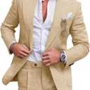 UNINUKOO Linen Suit for Men Summer Wedding 2 Piece Suit Set Peak Lapel Casual Blazer Pants Beach Wear for Men (Beige, Large)