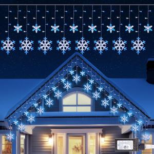 Minetom Christmas Snowflake Lights - 13ft 192LED Snowflake Icicle Lights with 16 Drops, 12 Modes and Timer, IP65 Waterproof Connectable Christmas Light for House Eave Window Indoor Outdoor Decoration (Blue and White)