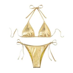 GORGLITTER Women's Metallic Triangle Bikini Top Halter Tie Side Swimsuit Set 2 Piece Bathing Suits Gold S