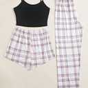 OYOANGLE Women's 3 Piece Pajama Set Cami Top and Plaid Print Shorts Pants Pj Set Loungewear (White, L)