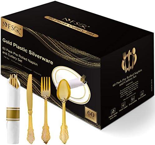 Gold Plastic Silverware Set - 60 Pre rolled Napkin and Cutlery Set, Wrapped Silverware Set, Gold Rolled Plastic Utensils with 60 Forks, 60 Knives, 60 Spoons and 60 Napkins for Party, Wedding