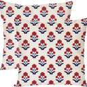 PANDICORN Block Print Throw Pillow Covers 20x20 Inch Set of 2 Red and Blue Vintage Boho Floral Outdoor Decorations Decorative Throw Pillows Cases Cushion Covers for Home Living Room Couch Decor