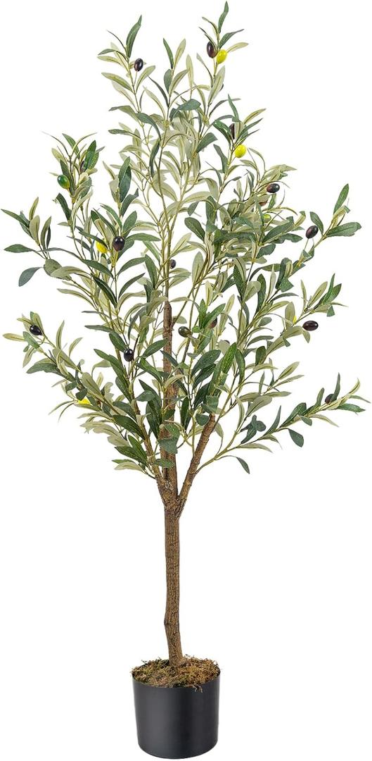 Artificial Fake Olive Tree 4FT Tall 1Pack Faux Silk Olive Tree for Home Living Room Office Decor Faux Artificial Plants Indoor Fake Potted Plants with Fruit & Free Moss