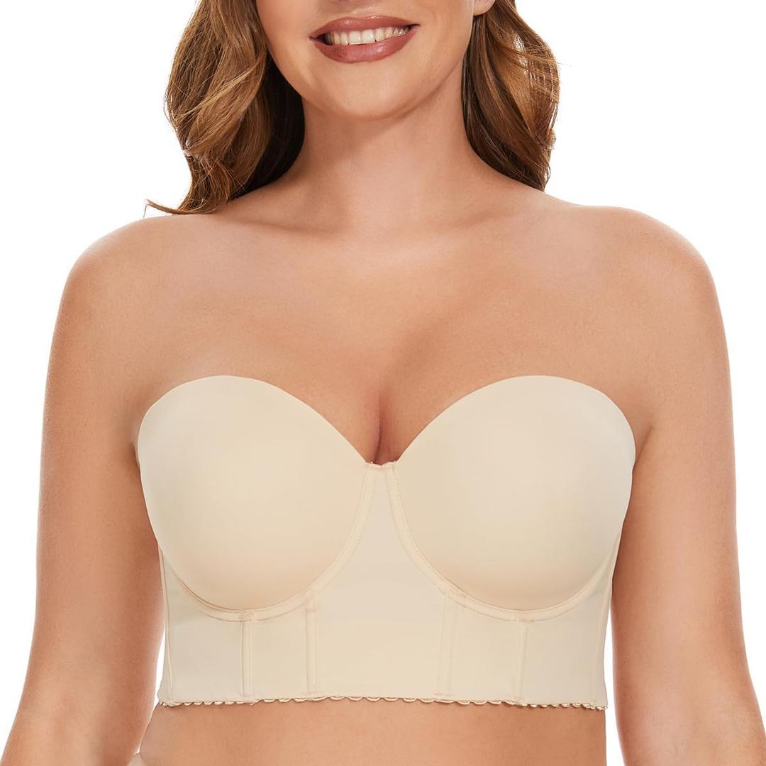 SEA BBOT Women Longline Strapless Bra Full Figure Corset Bra Hide Back Fat (Beige)