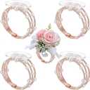 Hotop 4 Pcs Corsage Wrist Bracelet Bands Bride Pearl Rhinestone Bracelet Elastic Wrist Corsage DIY Wedding Wristband Faux Pearl Adjustable Wristband Accessory for Bridal Party Prom (Rose Gold)