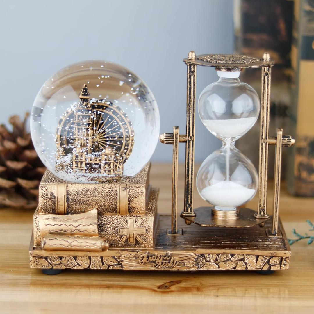LED MusicCrystal Snow Globe Sand Timer Hourglass,Home Decor,Table Decor for Living Room Office Desk Decorations[Brass Ferris Wheel]