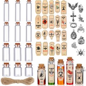 53 Pcs Halloween Mini Potion Bottles Set Including 12 Decorative Glass Bottles with Cork Stoppers 20 Creepy Apothecary Bottle Labels Stickers 20 Charms Pendants 1 String (5/10/15/20 ML, Classic)