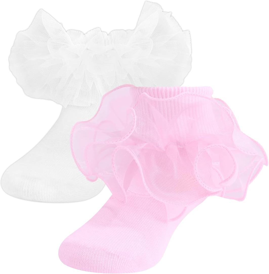 SAOROPEB Toddler Ruffle Socks, 3 Styles5 Size, Frilly Dress Socks for Girls Princess Lace Ruffles Socks Set (6-8 Years, White-pink)