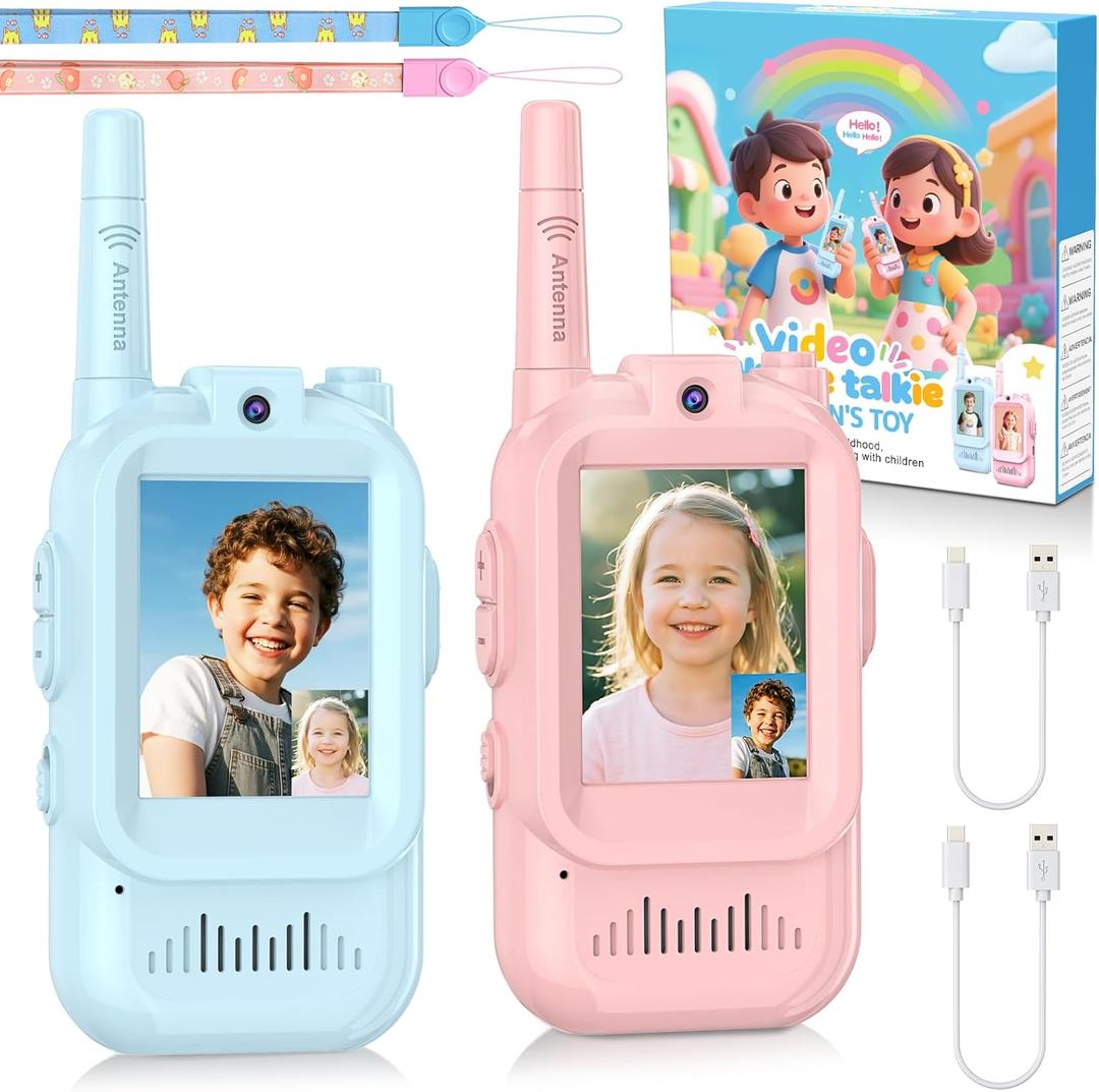 Video Walkie Talkie for Kids - 2 Pack Rechargeable Kids Walkie Talkies Long Range Radios, Video Intercom & Voice Effects, Christmas Birthday Gifts, Toys for Age 3-12 Boys Girls, Indoor Outdoor Travel (Blue+Pink)