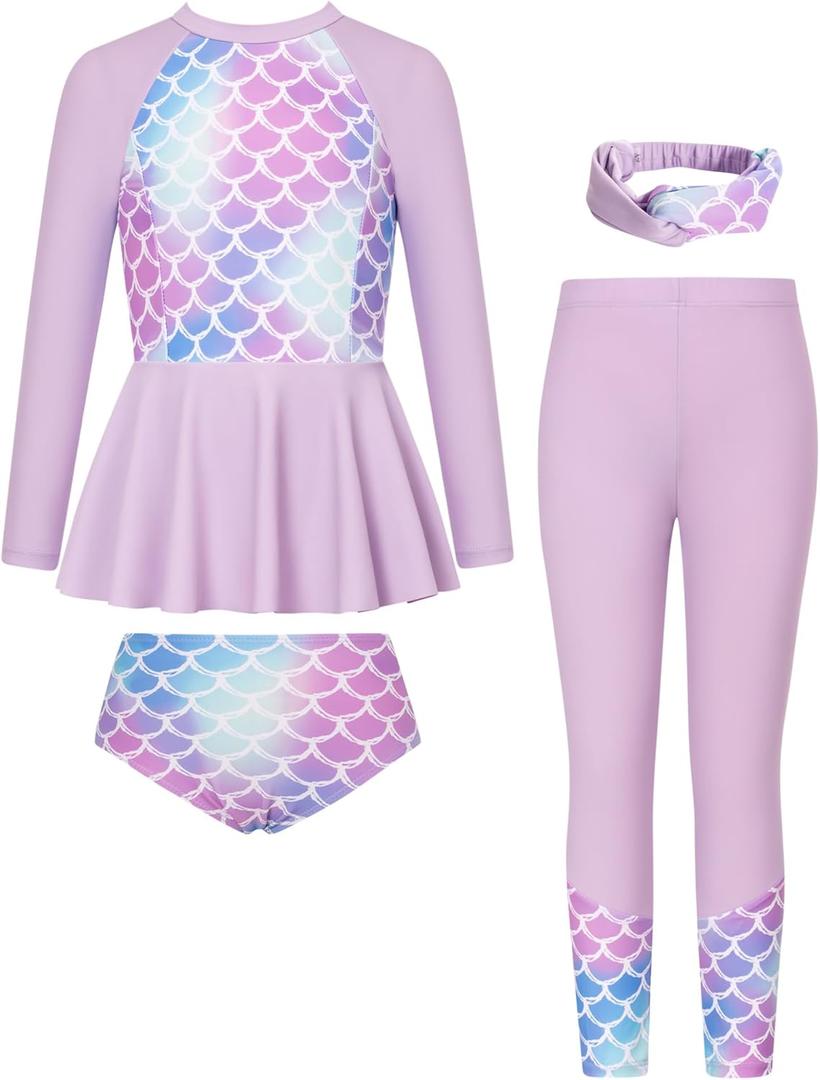 GRACE KARIN Girls Long Sleeve Swimsuit Mermaid Bathing Suit Rash Guard Swimwear 4 Piece Size 8 (Purple)