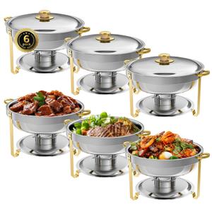 IMACONE Chafing Dish Buffet Set of 6, 5QT Round Stainless Steel Chafer for Catering, Upgraded Chafers and Buffet Warmer Sets w/ Food & Water Pan, Lid, Gold Frame, Fuel Holder for Party Wedding Holiday