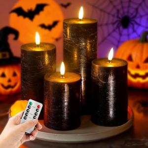 Halloween Flameless Candles, 4 Pack Battery Operated Halloween Candles with Remote, Wax LED Fake Pillar Candles Fireplace/Shelf Decor D3 H 5" 6" 7" 9" Black