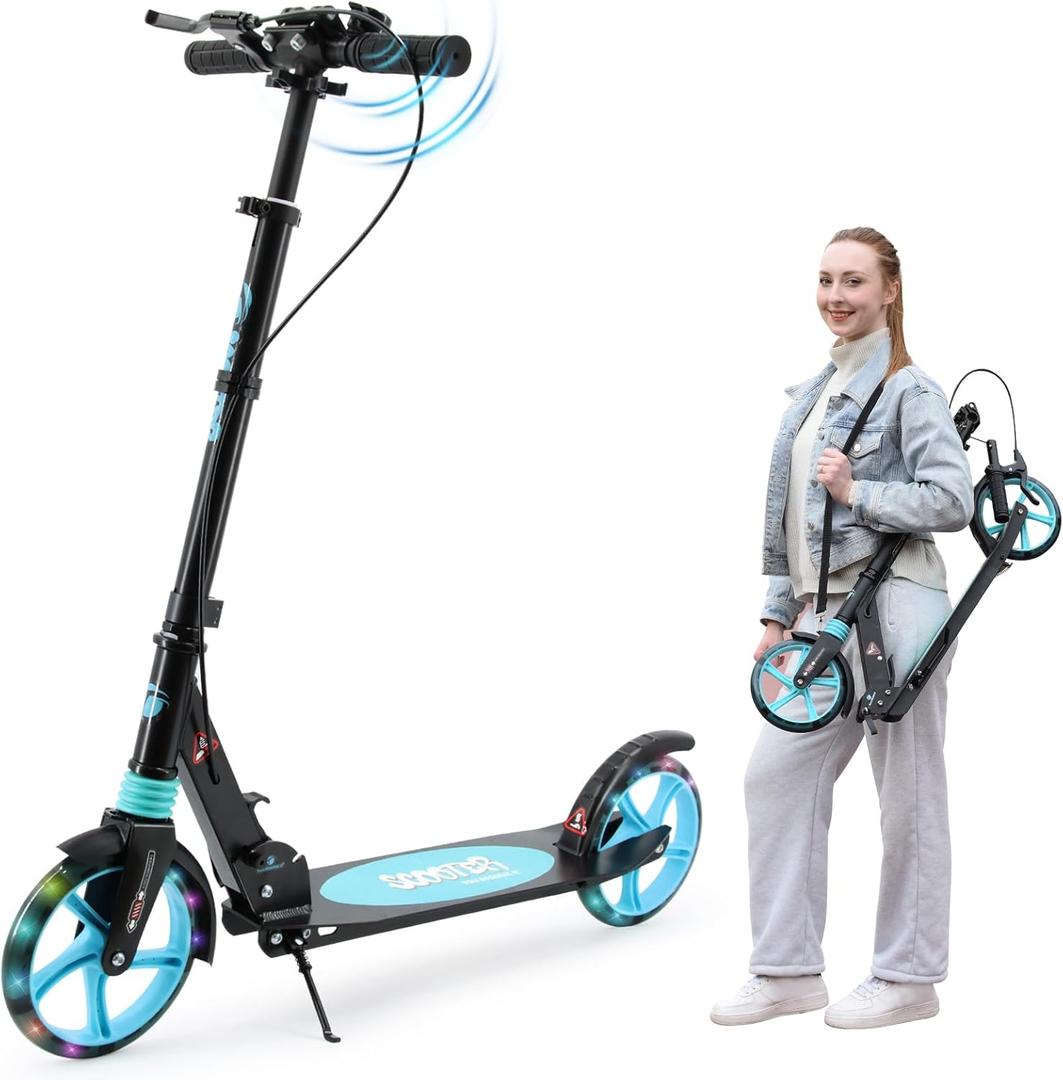 Scooter for Ages 8+ Teens and Adults Kick Scooter Foldable with Double Braking System Bells Adjustable Handlebars Kickstand Max Load 220 LBS 8" Big Wheels (Black)