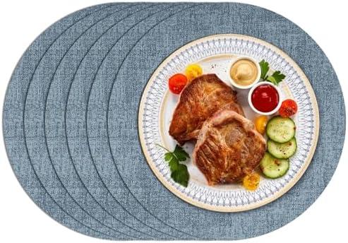 Enaskv Round Placemats Set of 6, Faux Leather Heat Resistant Place Mats Reversible Waterproof Oil-Proof Non-Slip Wipeable Mat for Kitchen Dining Table Indoor Outdoor, Sky Blue
