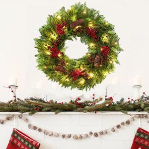 22 inch Lighted Christmas Wreath, Pre-Lit Xmas Wreath with Red Berries, Christmas Decorations, Christmas Wreath for Front Door, Windows, Wall, Mantel Decoration (Green)