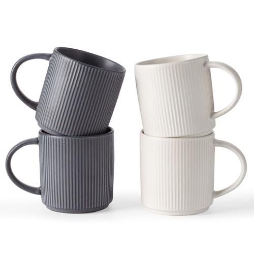 famiware Coffee Mug Set for 4, Star 12 oz Catering Mugs Cup Set with Handle for Coffee, Tea, Cocoa, Milk - Ceramic Stoneware Drinkware Set, Matte White + Matte Black