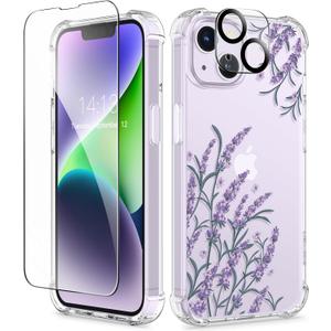 GVIEWIN for iPhone 14 Case Floral, with Screen Protector & Camera Lens Protector, [Non Yellowing] Soft Shockproof Clear Phone Protective Cover for Women, Flower Pattern Design 6.1" (Daphne/Purple)