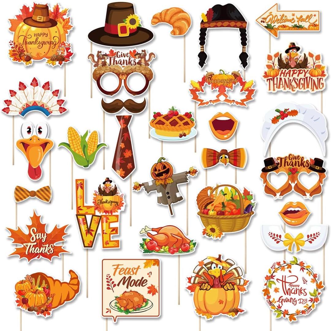 30 Pcs Thanksgiving Day Photo Booth Props Set, Fall Harvest Festival DIY Selfie Photo Prop Kits with Sticks for Fall Thanksgiving Party Decoration
