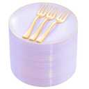 Festiva 200Pcs Purple Gold Dessert Plates 6.3" with Plastic Forks 5"- Disposable Lavender Purple Cake/Appetizer/Salad Plates - serve 100 guests for Party&Wedding&Easter