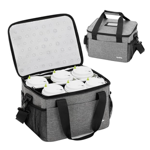 6 Cups Drink Carrier for Delivery, Reusable Cup Holder with Handle, Insulated Collapsible Drink Carrier, Adjustable Dividers, Shoulder Strap, Portable Cooler Tote Bag for Delivery, Travel, Car (Grey) 