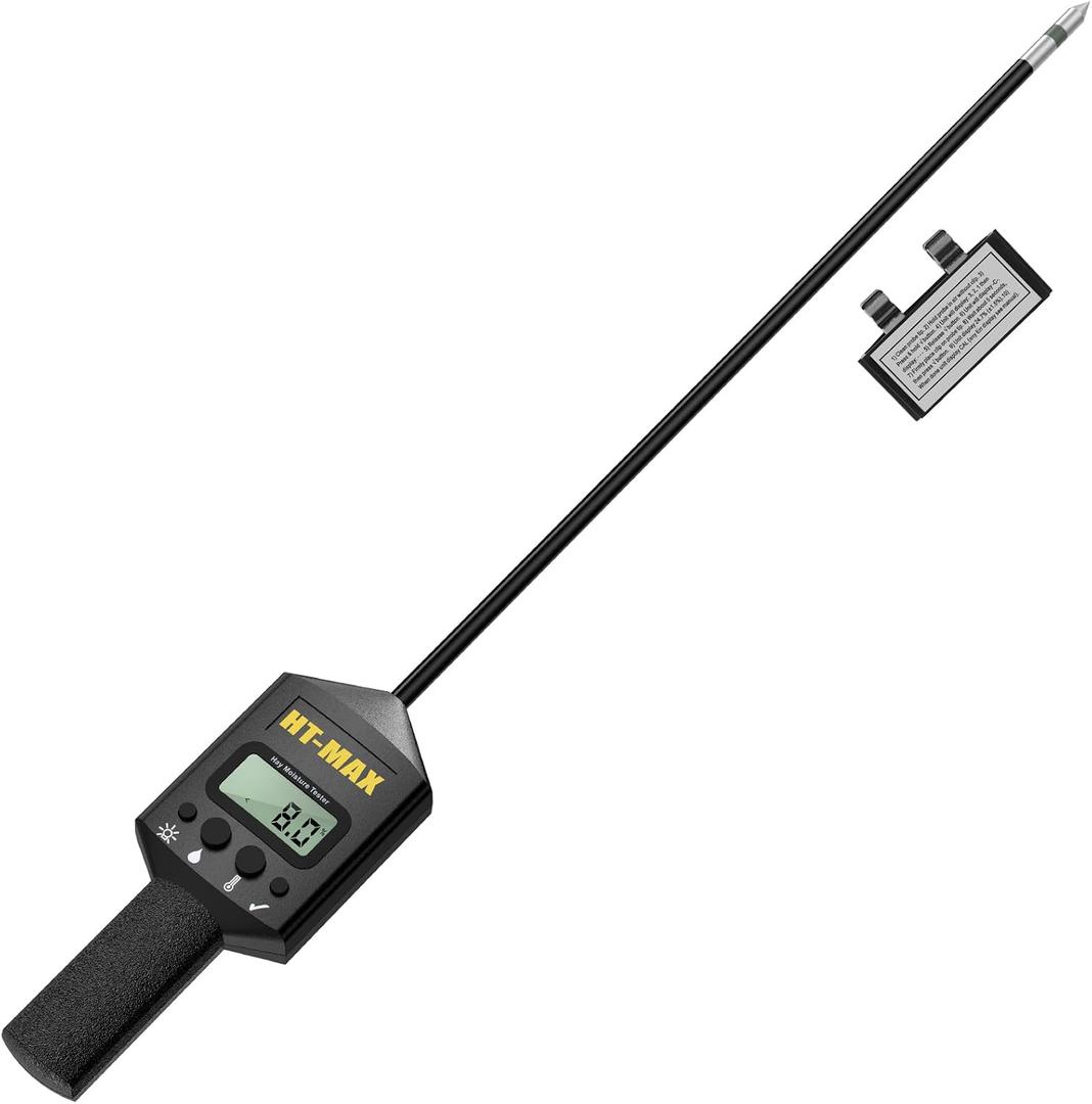 Hay Moisture Tester with 20" Reinforced Probe, Digital Hay Moisture Meter with Temperature Reading for Alfalfa, Hay Bales, Square and Round Bales, Carry Bag Included,Black