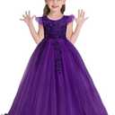 MYRISAM Girl's Embroidery Tulle Lace Maxi Flower Girl Wedding Dress Birthday Pageant Communion Dance Party Tulle Gown (5-6 Years, Deep Purple)