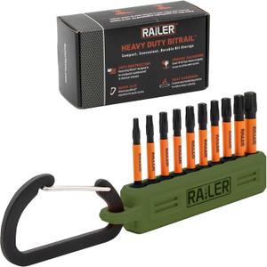 Railer Torx Bit Set - Premium S2 Steel 2 Inch Impact Driver 10-Piece 6 Star Bit Set With A Tool Storage Bit Holder & Carabiner (Camo Green Bitrail, Standard Bitrail)