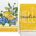 Spring Summer Hydrangeas Lemons Kitchen Towels, Hello Sunshine Dish Towels Set of 2, Spring Floral Holiday 18 x 26 Inch Hand Towel Quick Drying Dishcloth Decor for Kitchen Bathroom Home