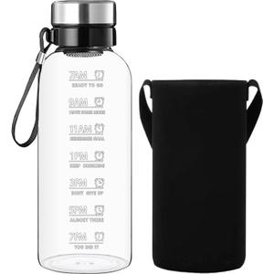 64 OZ Glass Water Bottle - Large Resuable Borosilicate Wide Mouth Glass Drinking Bottles With Time Mark, Sleeve, BPA Free (Filter Lid)