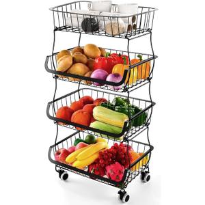 Miyawell Fruit Vegetable Storage Basket, 4 Tier Stackable Metal Wire Storage Baskets with Wheels, Fruit Vegetable Produce Basket Organizer Bins for Kitchen, Pantry, Bathroom