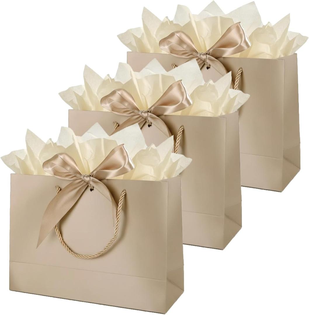 3 pcs gift bags bulk, Large Gift Bag with Handles & Ribbon 3 Tissue Papers, Luxury Bag for Anniversary Birthday Wedding Christmas Holiday Presents (Gold)