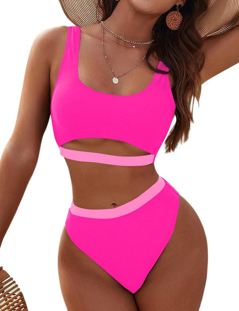 Blooming Jelly Women's High Waisted Bikini Sets High Cut Bathing Suits Two Piece Sporty Cut Out Swimsuits (Color Block Hot Pink), S