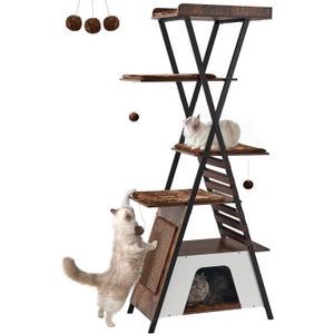 FourFurPets 72.4" Modern Cat Tower for Indoor Cats - Multi-Level Condo With Caves, Tall Tree With Scratching Board, Wooden Tower With Large Perch, Removable Pads, Rustic Brown