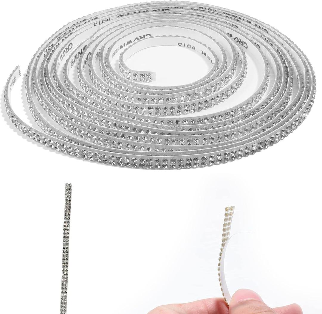 3 Yards Self-Adhesive Rhinestone Ribbon Crystal Diamond Sticker Glitter Bling Ribbons Roll Banding Belt Wrap for Crafts DIY Event Dress Shoes Phone Car Party Decorations (White 2 Rows)