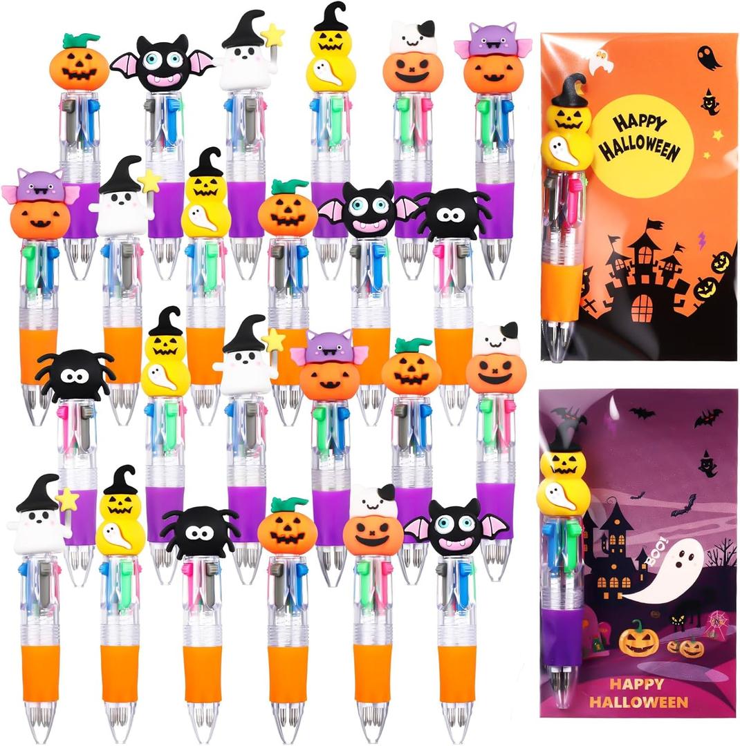 Multicolor Halloween Retractable Ballpoint Pens 0.7 mm 4-in-1 Halloween Pumpkins Writing Pen with Bags for Trick or Treat Party Favors Office Gifts(50)