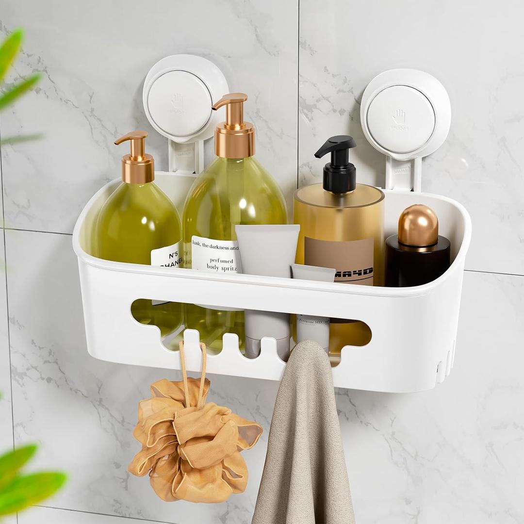 LEVERLOC Shower Caddy Suction Cup, Shower Organizer Removable Bathroom Shelf, Storage Suction Powerful Max Hold 22lbs Bathroom Caddy Waterproof Holder, White