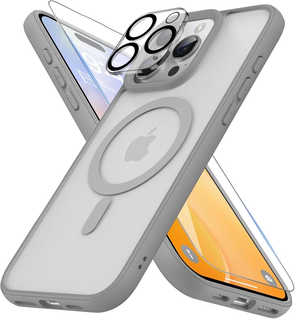 Magnetic Shockproof for iPhone 16 Pro Max Case with Screen Protectors & Camera Cover, [Compatible with MagSafe] [Military-Grade Drop Protection], Translucent Slim Cute Phone Case, Gray