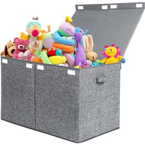 122L Large Toy Chest Box with Lid, Foldable Toy Storage Organizer Bin Boxes with Removable Divider for Kids, Boys, Girls, Nursery, Playroom, 26"x17" x17"(Linen Gray) (Extra Large Grey)