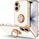 Hython for iPhone 17 Case with Ring Stand, 360 Rotatable Ring Holder Magnetic Kickstand, Plating Rose Gold Edge Soft Cover Protective Phone Case for iPhone 17 6.3", White