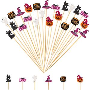 Jiesky 235pcs Halloween Cocktail Picks Halloween Theme cats boo ghosts witch hats pumpkins Bamboo Cocktail Toothpicks Fruit Sticks Sandwich Appetizer Charcuterie Skewers for Halloween Party Supplies