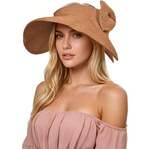 Womens Wide Brim Visor Hat Foldable Straw Sun Hat UV Protection Beach Cap (Khaki)