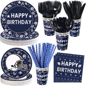 192 Pcs Cowboys Football Birthday Party Supplies Blue Cowboys American Rugby Plates and Napkins Football Theme Tableware Set for Teen Men Team Sport Birthday Party Supplies, Serves 24