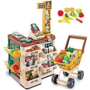 Supermarket Play Set for Kids  49 PCS Pretend Grocery Store with Shopping Cart, Cash Register, Scanner, Fruits, Vegetables, Bottles & Accessories  Ages 3-6