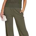 ANRABESS Women Two Piece Outfits Crochet Sheer Knit Sweater Top Wide Leg Pants Lounge Matching Sets Sweatsuit Travel Clothes (Green, L)