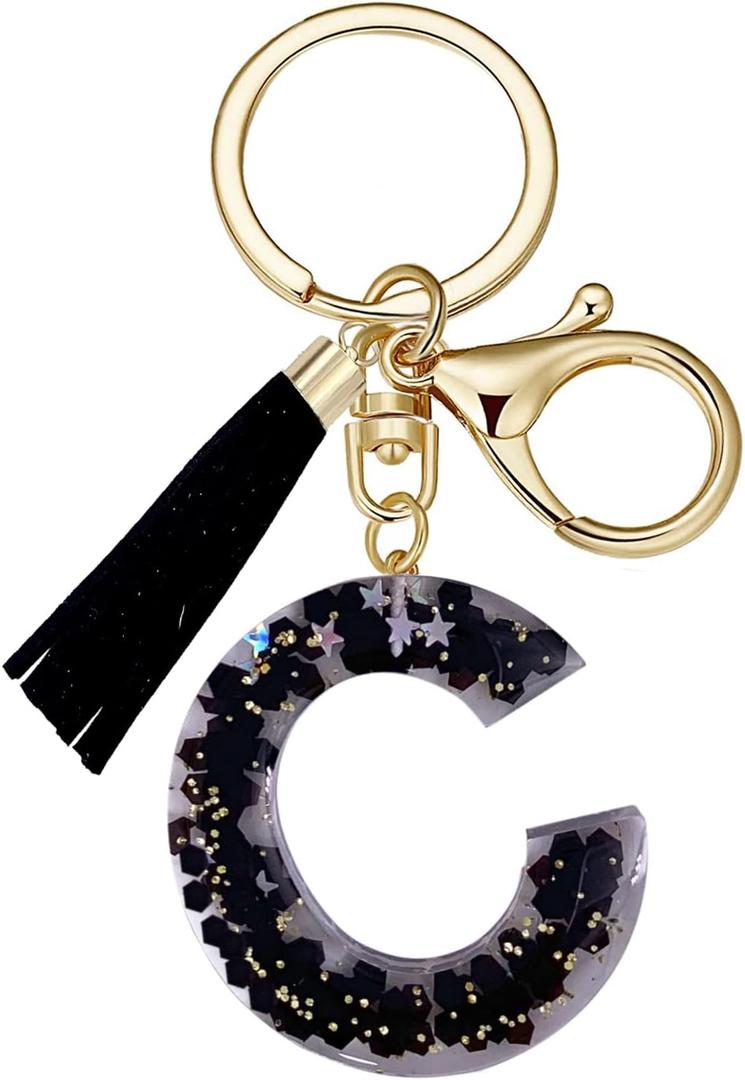 SELOVO Initial Keychain Black Letter Alphabet Tassel Charm Key Chain Ring for Handbag