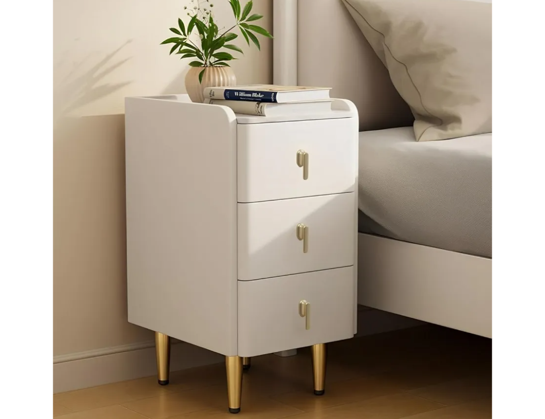 Nightstand with 3 Drawers White Bedside Table, Side Table Leather Side Table with Gold Legs, Modern Style Night Stand End Tables Drawer Dresser for Bedroom