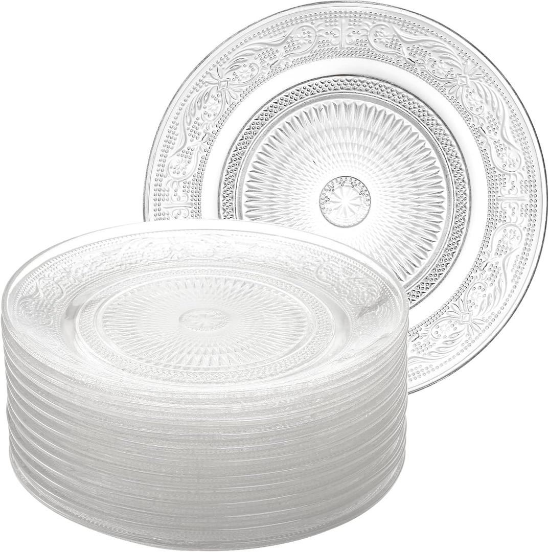 Frcctre 12 Pack Glass Salad Plates, 7 Inches Small Glass Dessert Plates Fruit Plate Appetizer Snack Plate Glasses Dinnerware Set with Beautiful Carved Pattern
